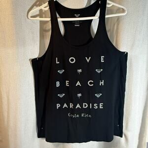 Roxy Women’s Tank Top L Black Love Beach Paradise Costa Rica Graphic Racerback